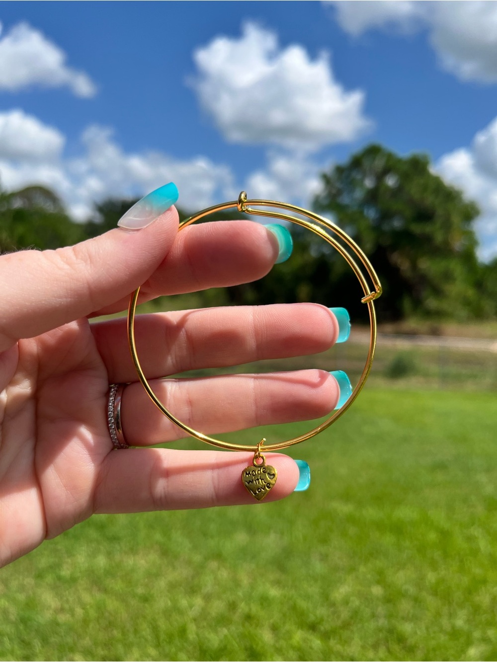 Handmade Gold Heart Charm Bangle Bracelet - Women Jewelry